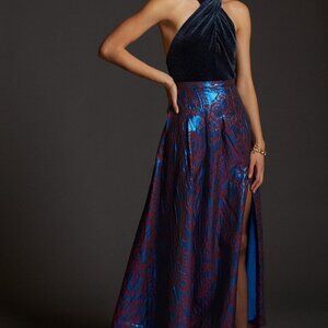 NWOT Maeve Shimmer Pleated Blue Motif Maxi Skirt Size 4
